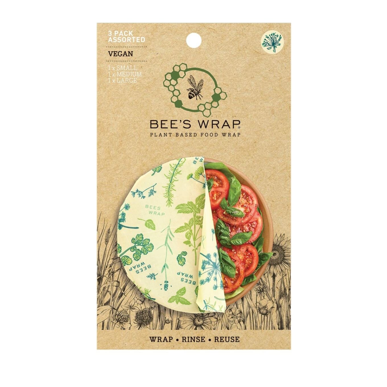 Bee`s Wrap Vegan food wrap 3 pcs, small/medium/large - CHOOSE PRINT Herb garden