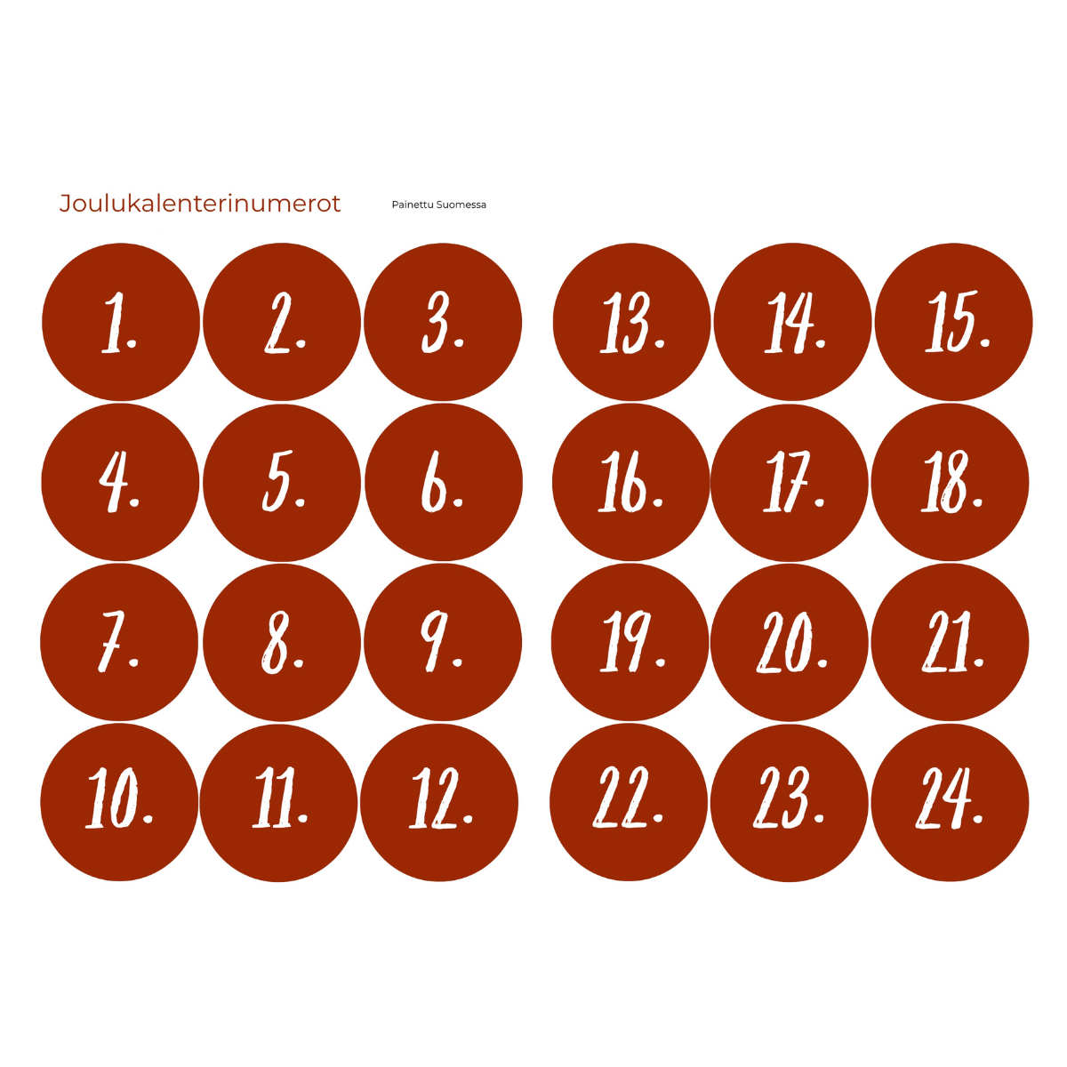 Joulukalenterin numerot 1–24 - VALITSE VÄRI Punainen