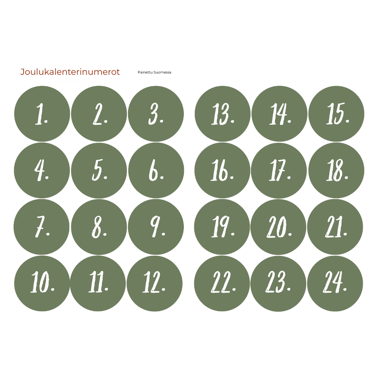 Joulukalenterin numerot 1–24 - VALITSE VÄRI Vihreä
