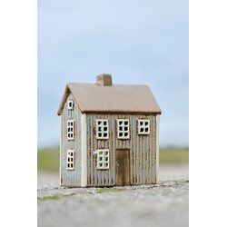 Ib Laursen House f/tealight grey w/brown door, 7,7 x 17 x 14,5 cm