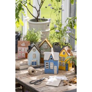 Ib Laursen House f/tealight blue w/round dormer window, 8 x 17 x 11,5 cm