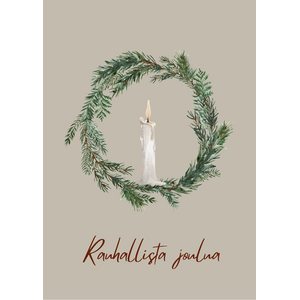 Rauhallista joulua joulukortti, kranssi ja kynttilä