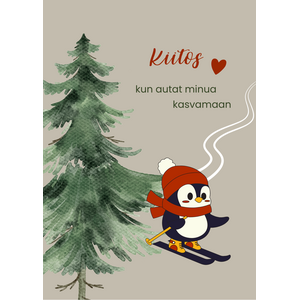 Kiitos kun autat minua kasvamaan joulukortti, pingviini suksilla