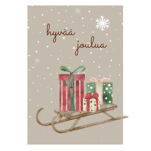 Hyvää joulua joulukortti, kelkka ja lahjat