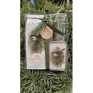 Lahjapakkaus tee ja pastillit kerma-toffee, talitiainen