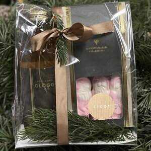 Lahjapakkaus glögi ja vaahtokarkkitontut