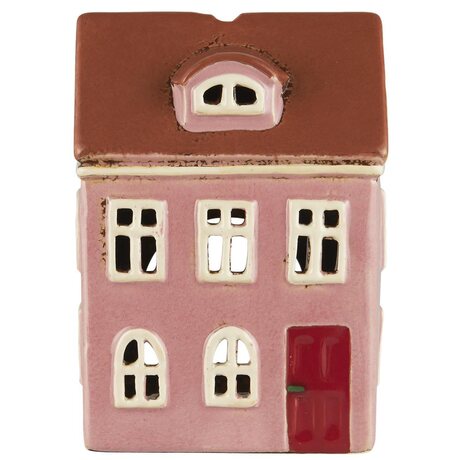 Ib Laursen House f/tealight pink w/arched dormer window and red door, 9 x 15,5 x 11 cm