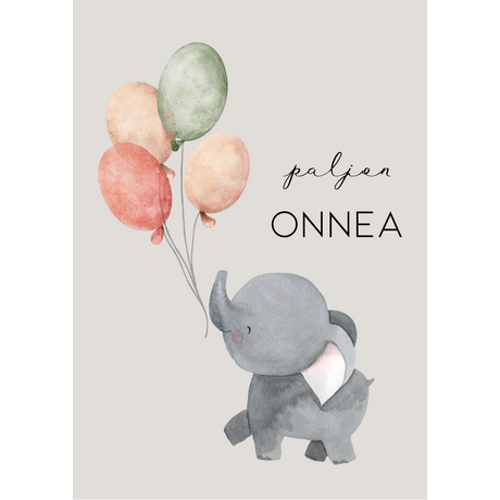 Paljon onnea kortti, norsu ja ilmapallot