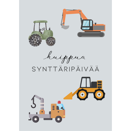 Huippua synttäripäivää kortti, työkoneet