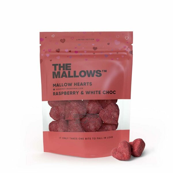 The Mallows Mallows hearts vaahtokarkit, vadelma ja valkosuklaa 90 g