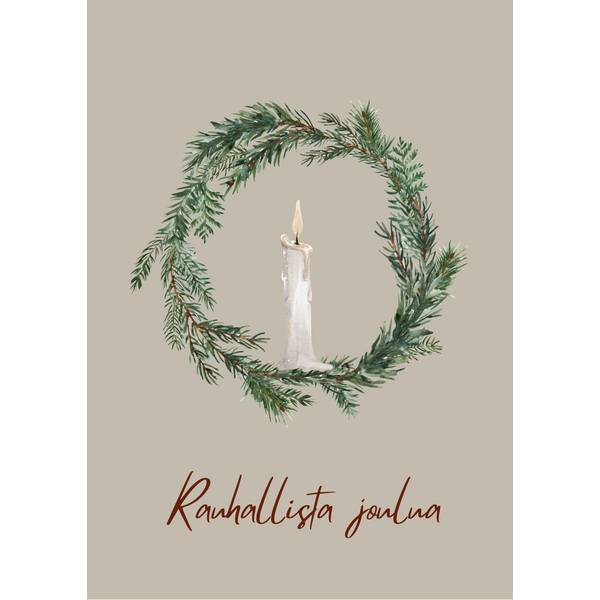 Rauhallista joulua joulukortti, kranssi ja kynttilä
