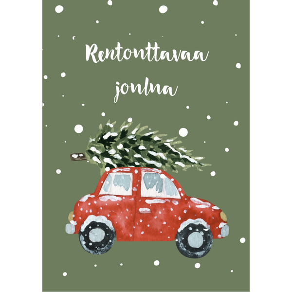 Rentouttavaa joulua joulukortti, auto vihreällä pohjalla