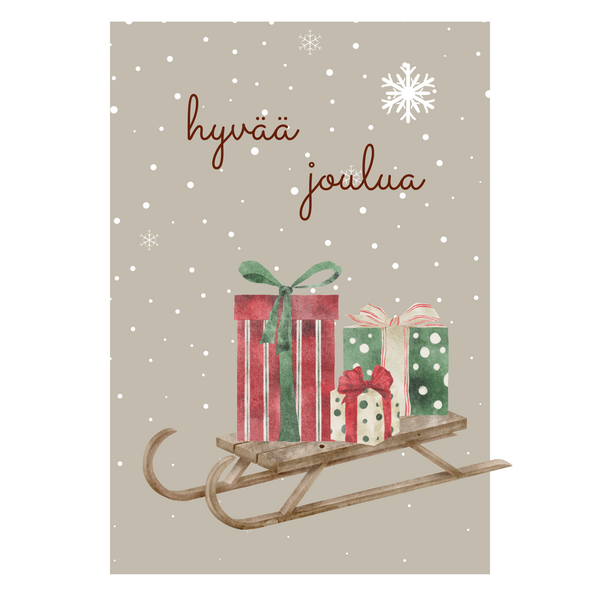 Hyvää joulua joulukortti, kelkka ja lahjat