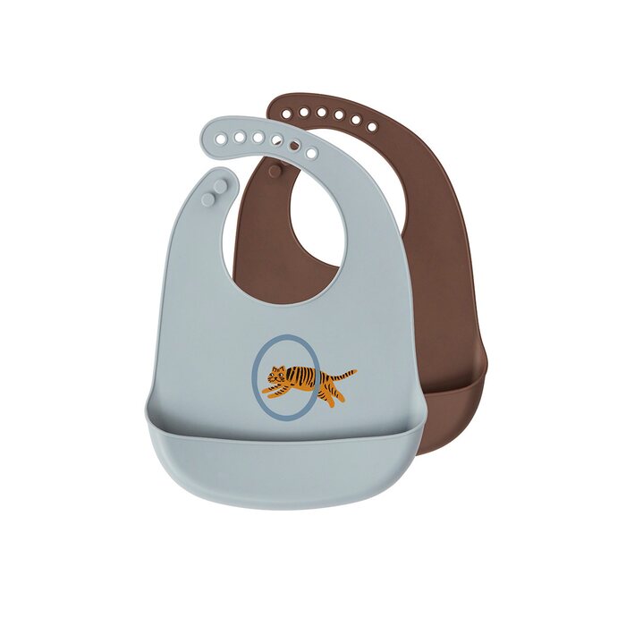 OYOY Tiger bibs with trough 2 pcs/set 31 x 23 cm, blue/brown