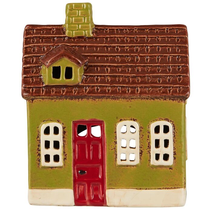 Ib Laursen House f/tealight green w/red door, 7,7 x 16,5 x 13,5 cm