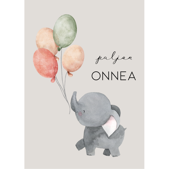 Paljon onnea kortti, norsu ja ilmapallot